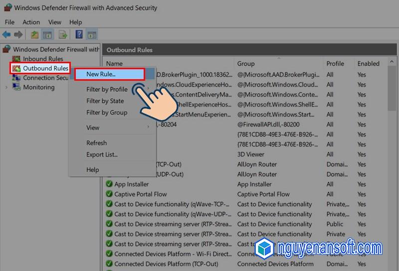 Nhấn chuột phải vào Outbound Rules và chọn New Rule.