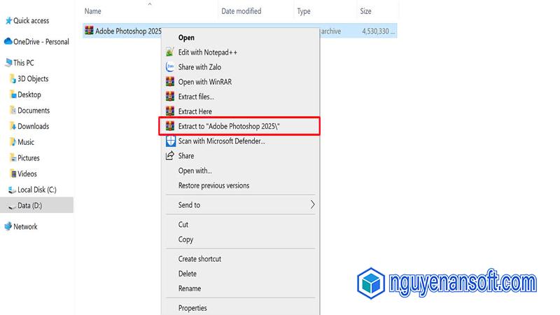 Giải nén file cài đặt Photoshop 2025