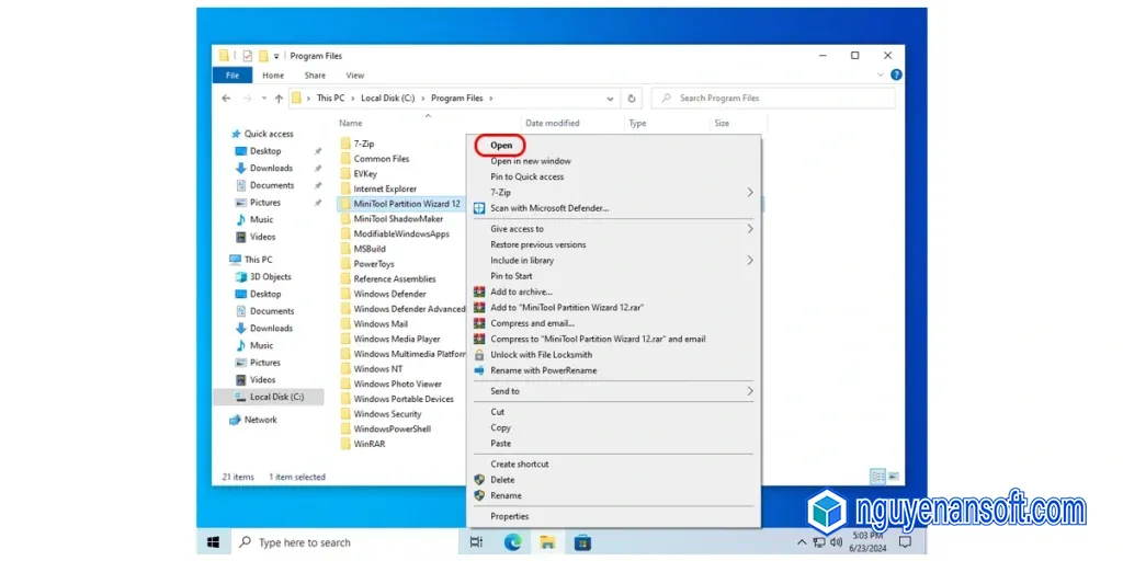 Mở thư mục cài đặt MiniTool Partition Wizard