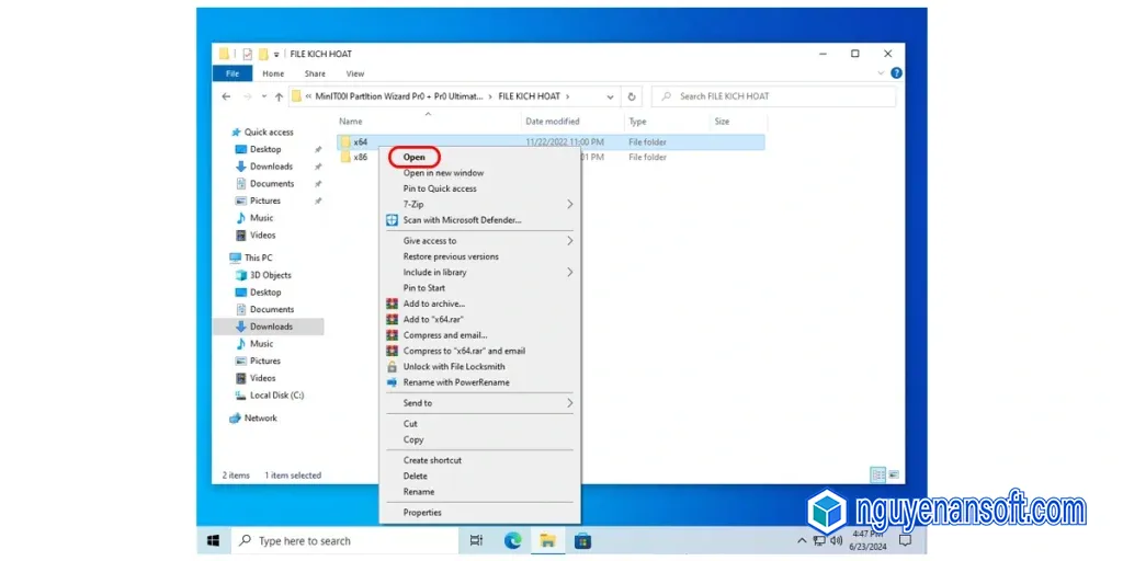 Mở thư mục kích hoạt MiniTool Partition Wizard x64