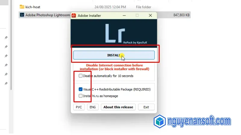 Tích chọn như hình và bấm INSTALL