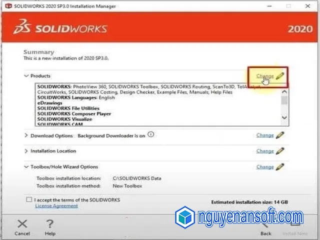Hướng dẫn chi tiết tải và crack Solidworks 2020 full 11 Nhấn Change để thiết lập